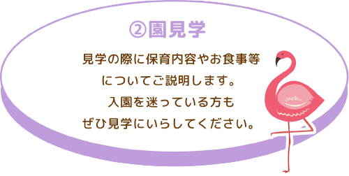 ②園見学 見学の際に保育内容や入園までの流れについてご説明します。 入園を迷っている方もぜひ見学にいらしてください。