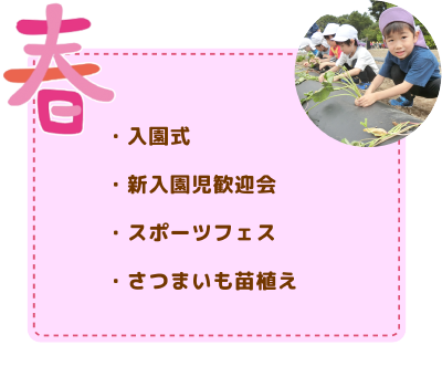 年間行事　春
入学式/新入園児歓迎会/スポーツフェス/さつまいも苗植え